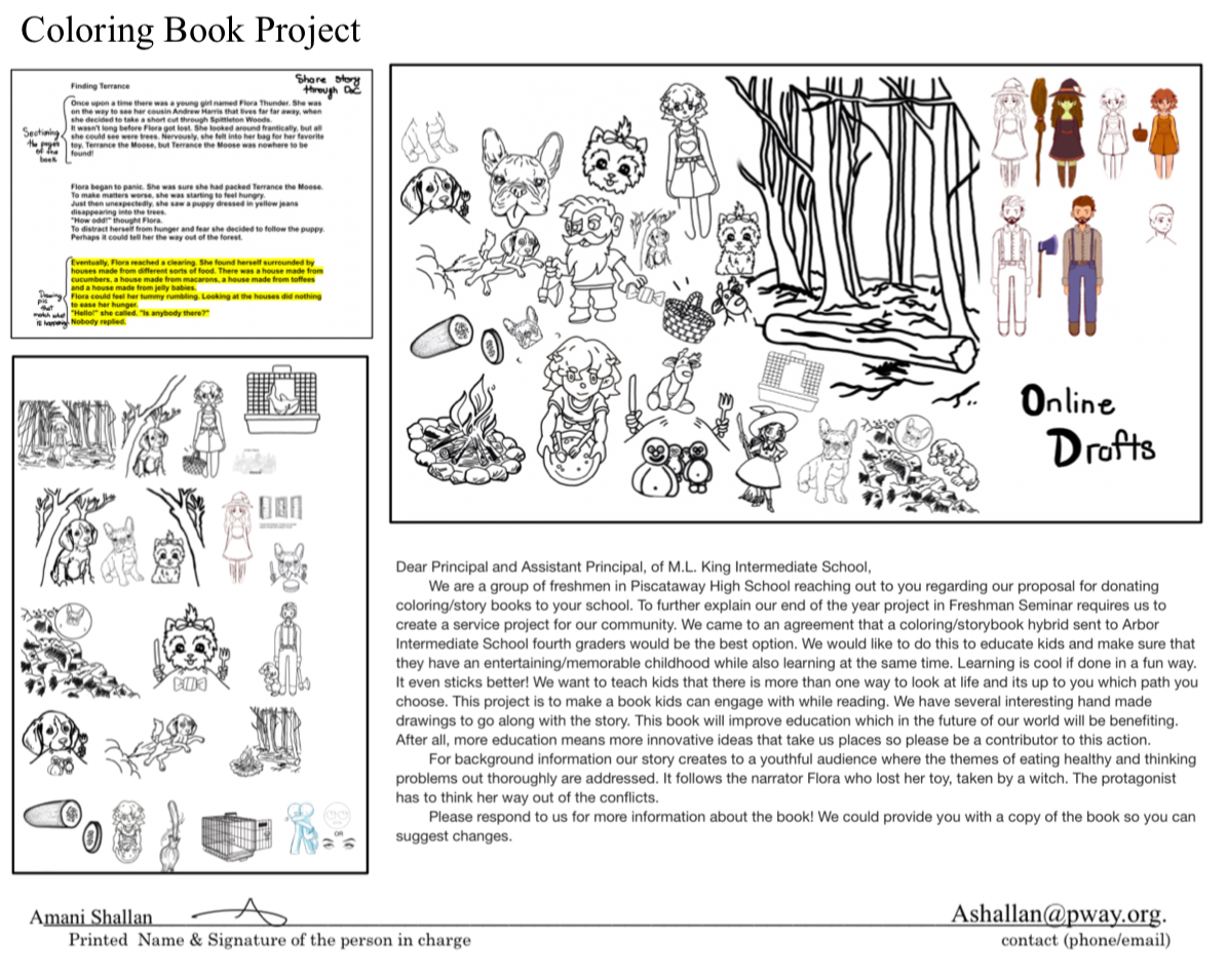 Coloring book project pages and proposal letter