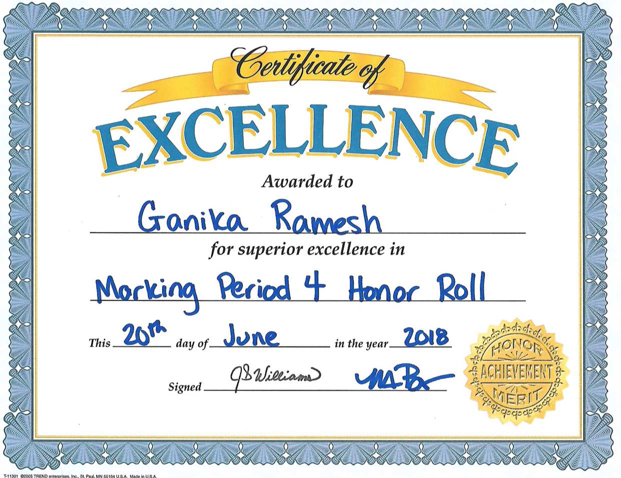 Honor Roll certificate
