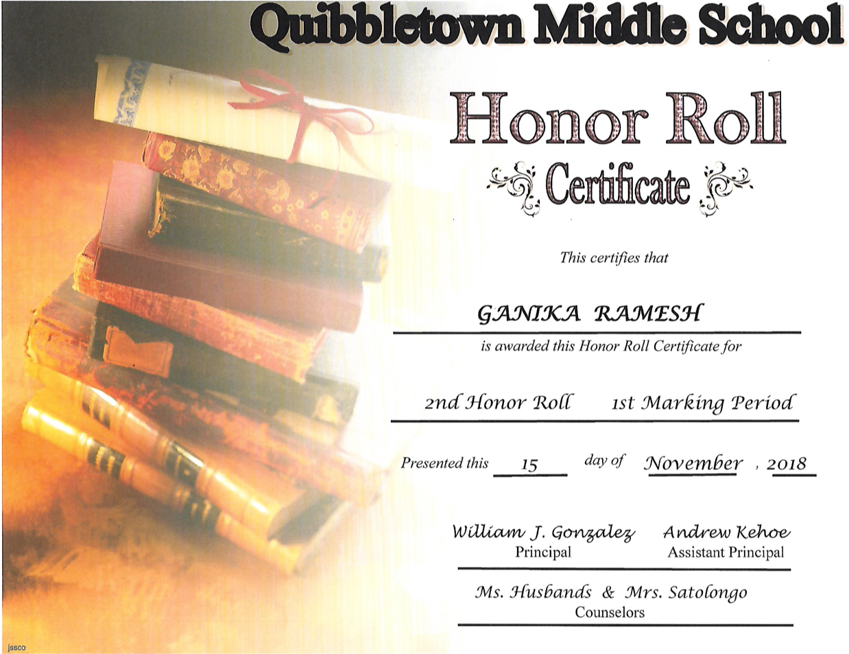 Honor Roll certificate