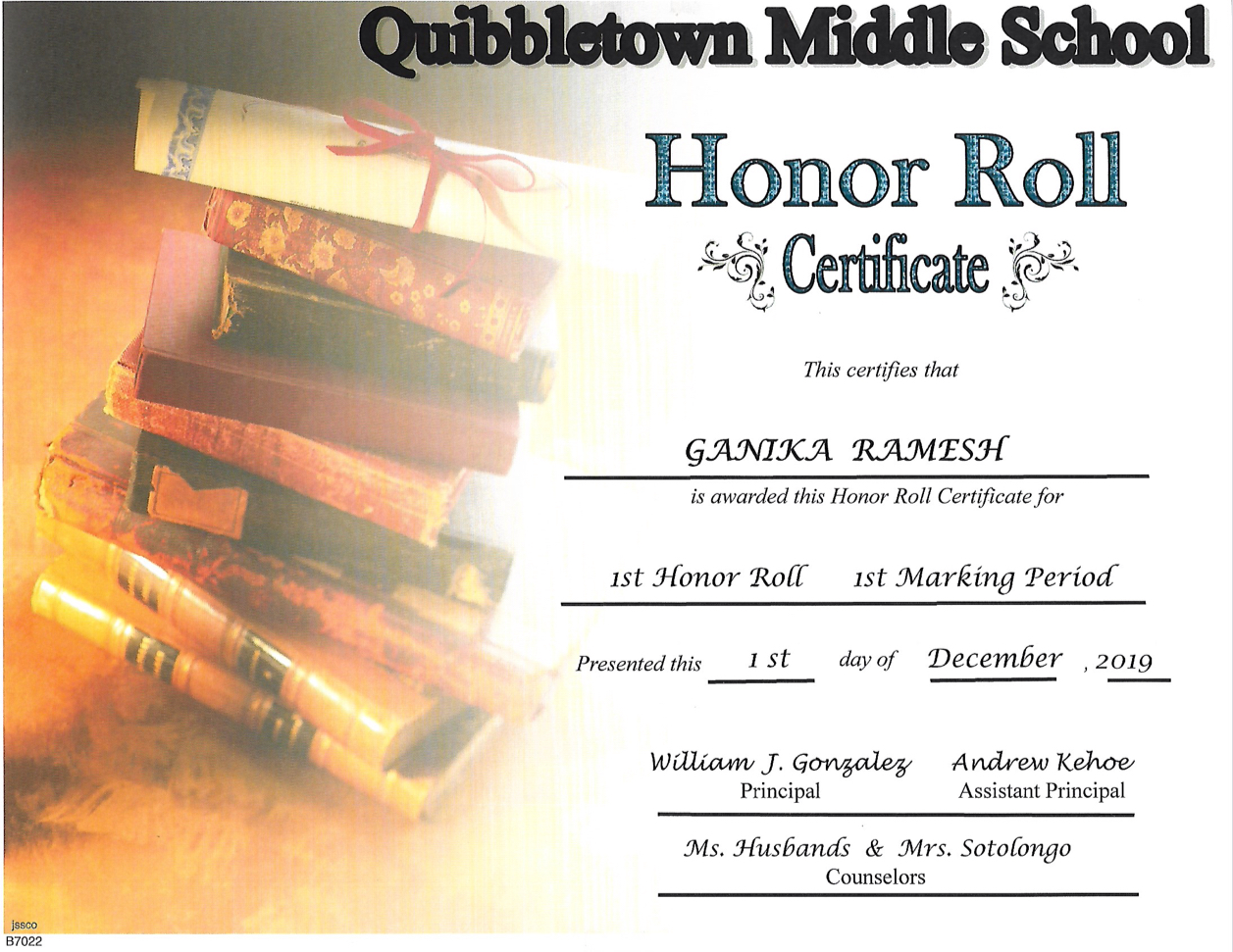 Honor Roll certificate