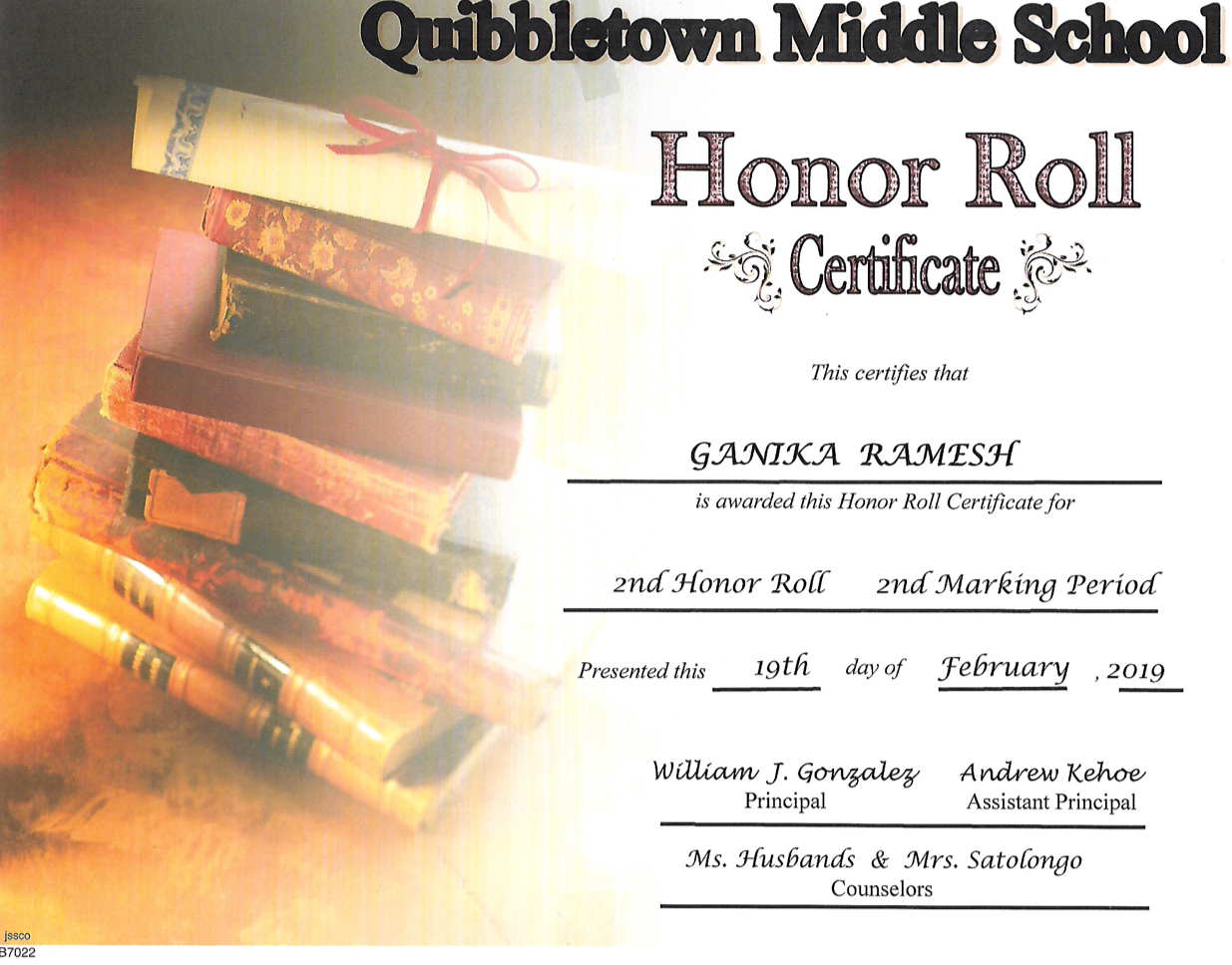 Honor Roll certificate