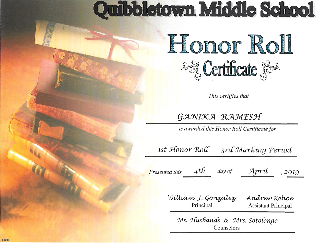 Honor Roll certificate