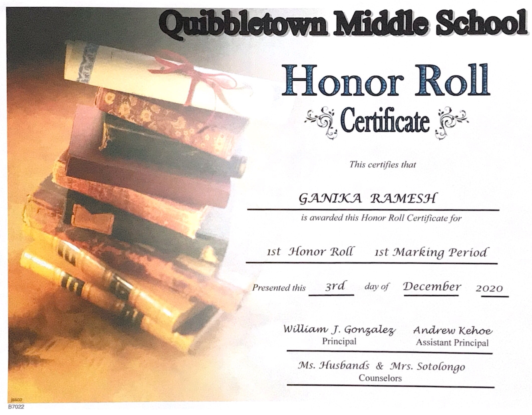 Honor Roll certificate