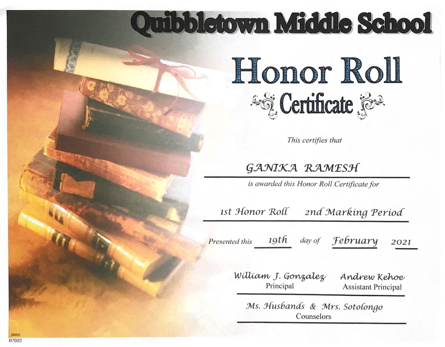 Honor Roll certificate