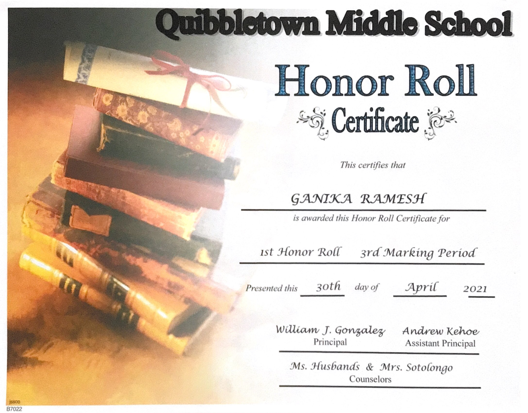 Honor Roll certificate