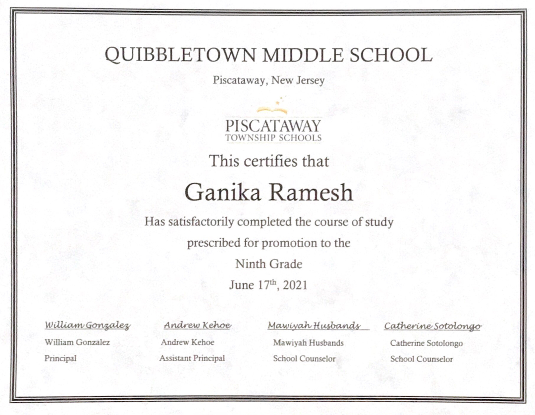 Middle School certificate
