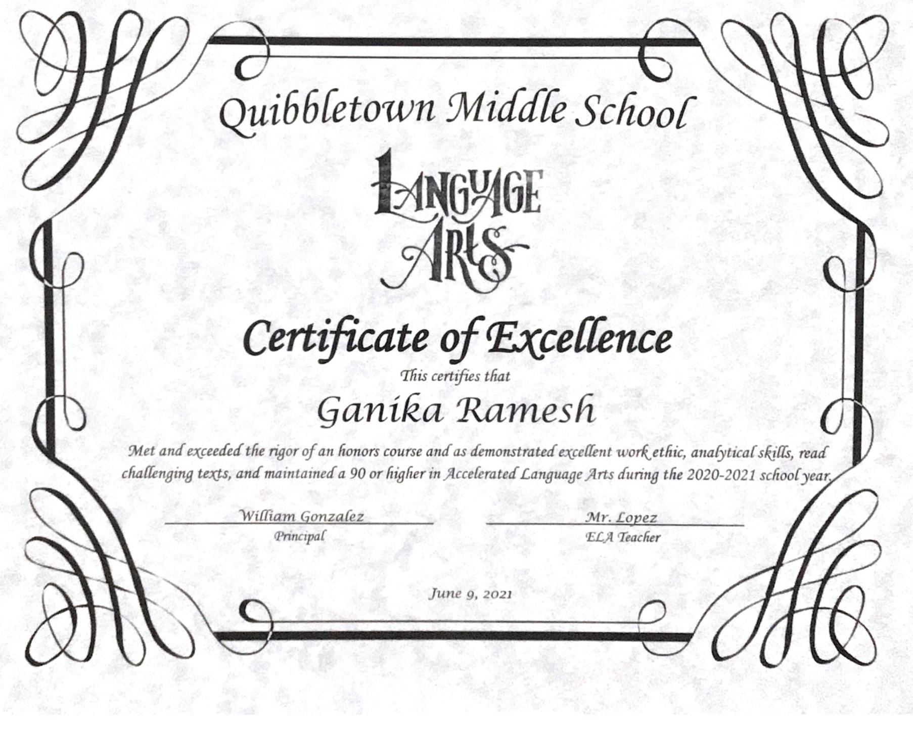 Middle School certificate
