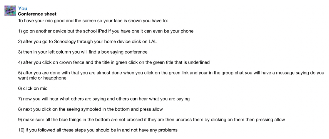 Teacher message about Schoology guide