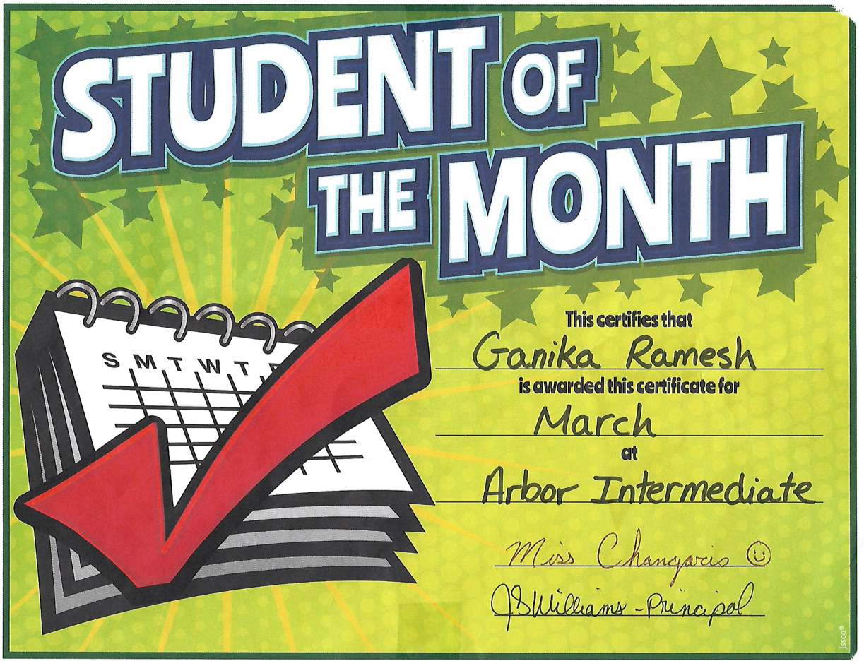 Student of the Month certificate