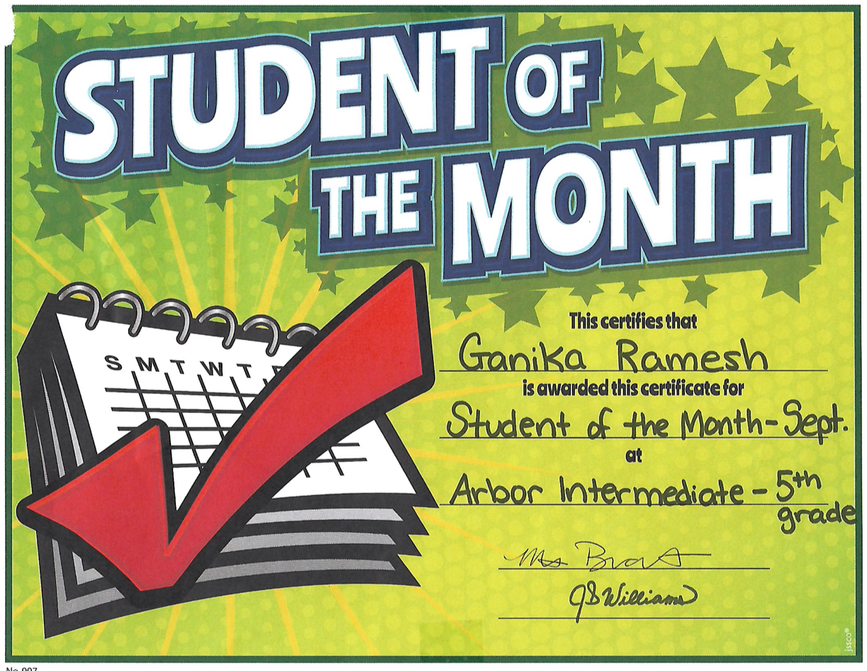 Student of the Month certificate